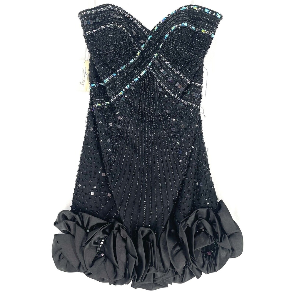 Jasz Couture Formal Dress Size 8 Black Ruffle Sweetheart Strapless Beads Sequins